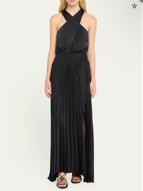 Ramy Brook Black Pleated Maxi Skirt with Side Slit